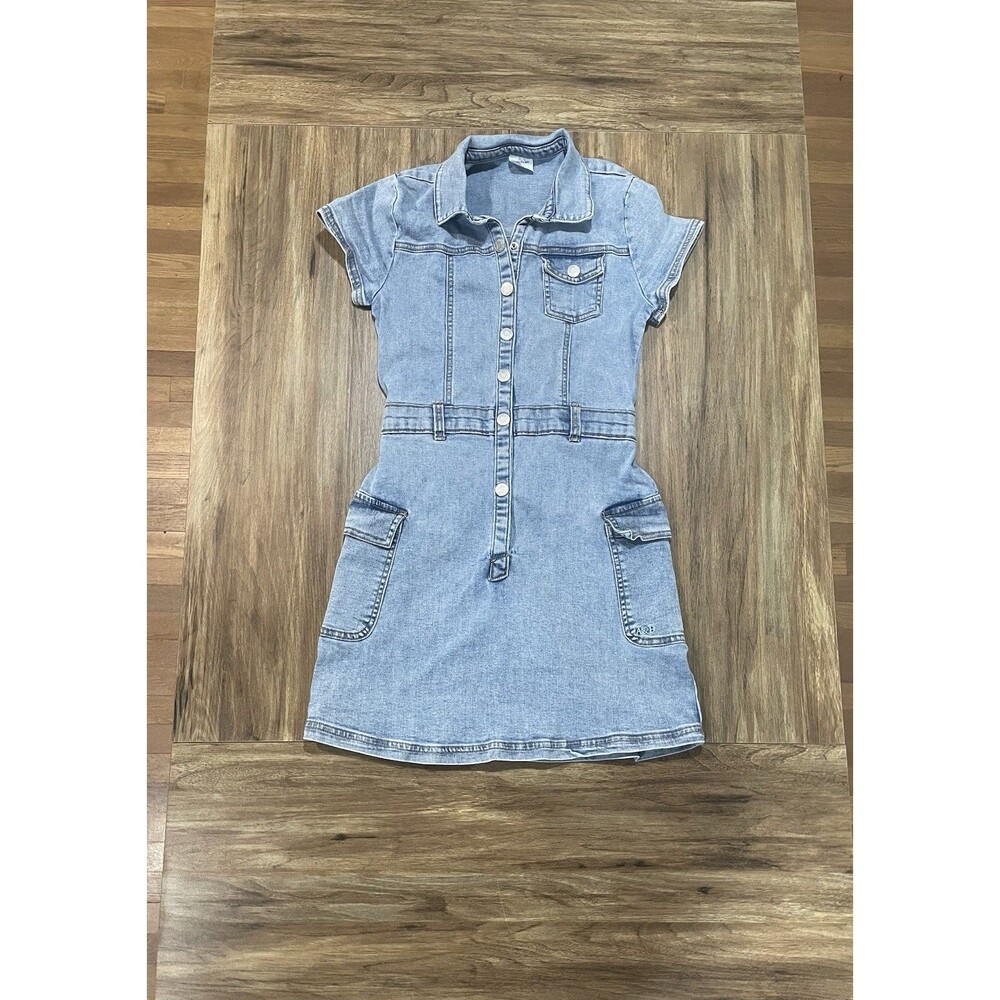 Abercrombie Kids Medium Wash Denim Cargo Pocket Short Sleeve Dress Girl Sz 13-14